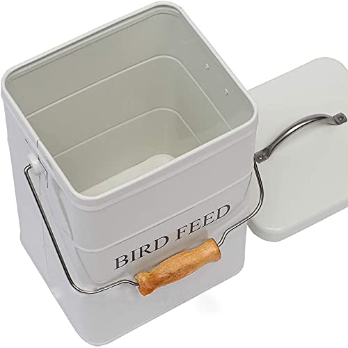 DEAYOU Pet Food Storage Tin with Lid, Metal Bird Seed and Feed Container with Serving Scoop, Treats Storage Canister Bin Can for Dogs, Cats Food, Coated Carbon Steel, Tight Fitting Lid, White, 5-6 Lbs