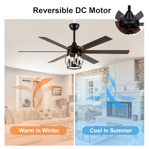 60" Farmhouse Ceiling Fan with Lights Remote Rustic Ceiling Fan | Industrial Black Caged Fandelier Large Moden Chandelier for Living Room Bedroom, 3 Downrods 6 Dual Blades 4 E12 Bulb Bases - color: Caged, size: 60 Inch