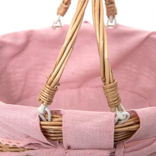 Small Wicker Basket with Removable Pink Liner, Willow Storage Basket for Gifts with Double Handles, Easter Basket,Wedding,Egg Gathering,Pink