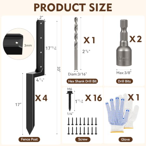 4-Pack Fence Post Saver Kit, 3MM Galvanized Steel Ground Anchors, No-Dig Repair Spike for 4x4 & 6x6 Wood Posts, Heavy-Duty H-Shape Stake with Double-Layer Rust Shield