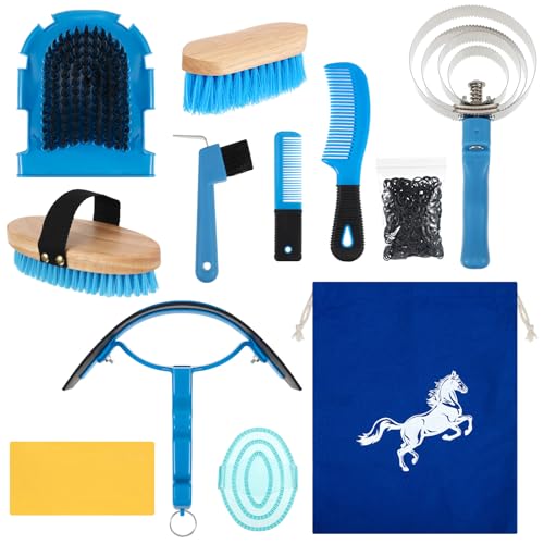 Abbylike 12 Pieces Horse Grooming Kit Racing Festival Tack Room Supplies Horse Brush Sets Equine Care Cleaning Kit Shedding Grooming Massaging Tools(Blue) - color: Blue
