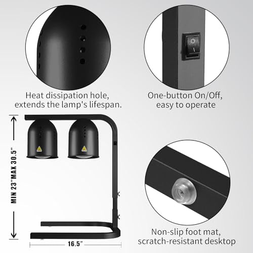 Food Heat Lamp with 2 x 250W Bulbs, 5000+ Hour Lifespan, Black | 12"×20" Warming Area, UL-Tested, Adjustable Height Stand 22"-30", Commercial & Home Use Restaurant Buffet Bakery Catering - color: Black