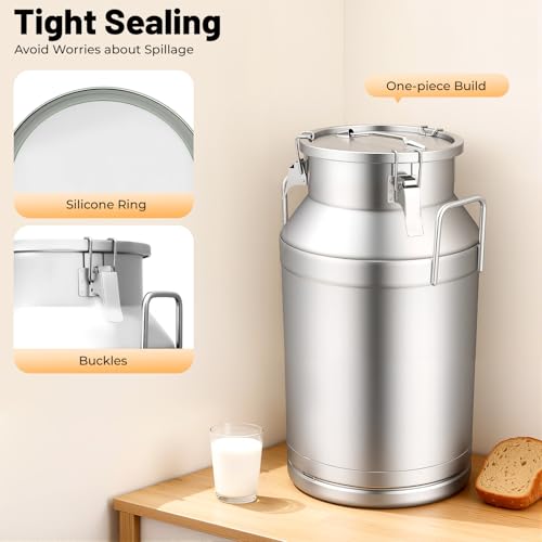 Stainless Steel Milk Can, 40 Liter Seamless Milk Jug Wine Pail Bucket 10.57 Gallon Anti-Leak Liquid Storage Container Milk Pail with Sealed Lid Heavy Duty for Milk and Wine (40L) - size: 40L