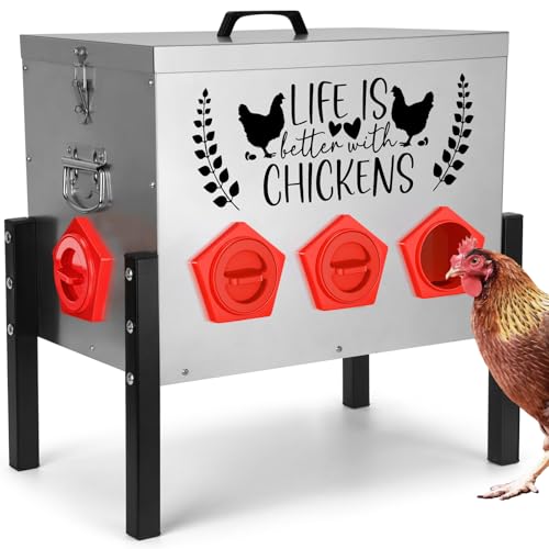 TGEYD 50 lb Heavy Duty Chicken Feeder, No Waste Galvanized Poultry Feeder with Locking Lid for Outdoor Chickens, Ducks & Geese - color: silver