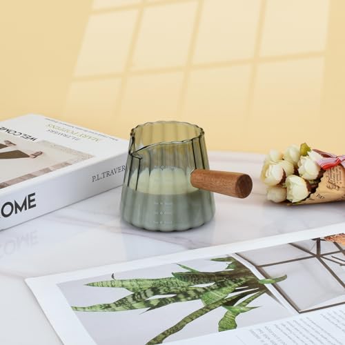 Glass Measuring Cup, 6oz Creamer Pitcher with Wood Handle | Creative Milk Frothing Pitcher Creamer Shot Glass (Gray） - color: Gray