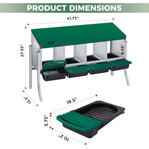 4 Hole Chicken Nesting Box - Heavy Duty Metal Chicken Laying Box, Easy Egg Collection & Cleaning with Removable Tray for Poultry Coop, Backyard, Farm, with Bracket Legs - color: green, size: 4 holes with legs