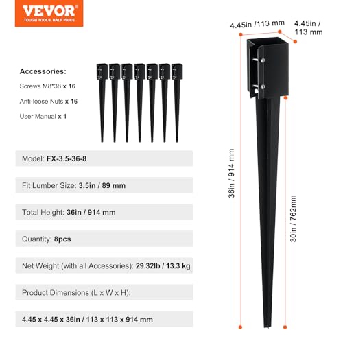 VEVOR Fence Post Anchor, 8 Pack 36 x 4 x 4 Inches Outer Diameter (Inner Diameter 3.5 x3.5 Inches) Ground Spike, Metal Black Powder Coated Post Stake Ground, for Mailbox Deck Garden Railing - size: 36 x 4 x 4 Inches
