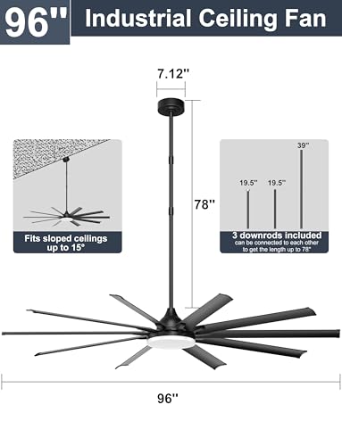 Ohniyou 96" Industrial Ceiling Fan with Bright Lights, High CFM Shop Fan | Remote/App Control, 10 Aluminum Blades, Extra Large Metal Fan for Covered Patio, Gym, Warehouse, Black - color: Black, style: With Light