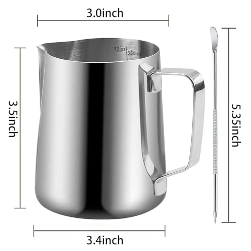 Milk Frothing Pitchers-12oz/350ML Stainless Steel Steaming Pitchers, Scale Coffee/Milk/Cappuccino/Latte Art Barista Steam Pitchers