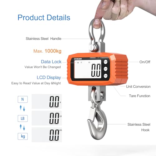1000kg Digital Crane Scale & Hanging Scale - Aluminium House Stainless Steel Handle| Multi-Use for Gym, Hunting, Travel (Luggage), Farming, Fishing | High-Precision LCD Display, Orange