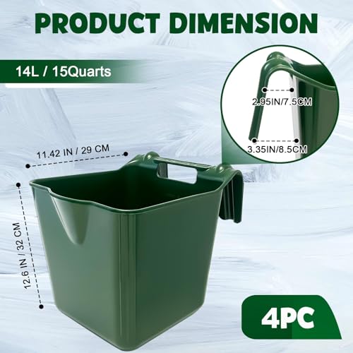 Horse Feed Bucket, 15 Quart Plastic Stall Hook Over, Green 4-Pack | Sturdy Hooks Secure to Gates or Fences, Versatile Bucket Suits Goats, Sheep, Livestock in Farms, Workshops, Yards