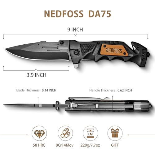 NedFoss Pocket Folding Knife DA75, 3 in 1 Pocket Knife Gifts for Men Women | Survival Knife with Liner-Lock Belt Clip, Seat Belt Cutter, Glass Breaker, Hunting knife for Camping Hiking - color: Black-Standard Edge