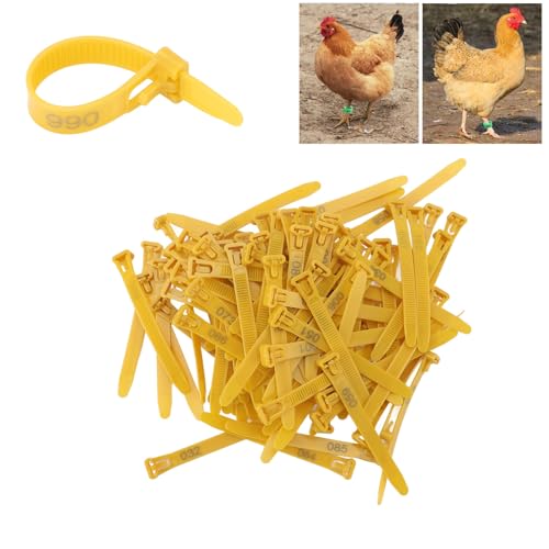 100pcs Chicken Leg Bands Rubber Chicken Identification Leg Bands Adjustable Duck Leg Bands Fadeless Numbered Poultry Chicken Identification Leg Tags for Farm Turkey Duck Chicken - color: Yellow