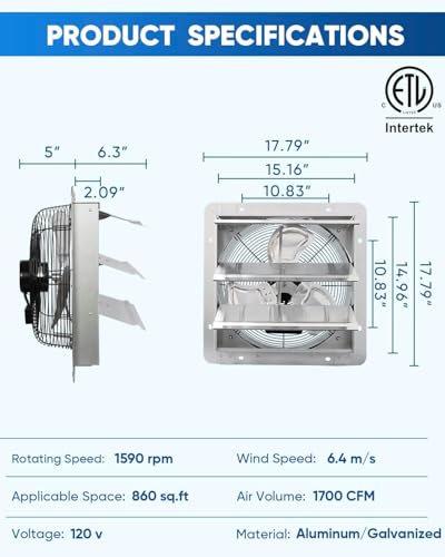 KEN BROWN 14 Inch Exhaust Fan with Power Cord, Automatic Shutter, 1950CFM, Aluminum Cooling Ventilation Fan, High Speed Wall Mounted Attic Fan for Garage, Greenhouse, Shop, Shed - size: 14 Inch