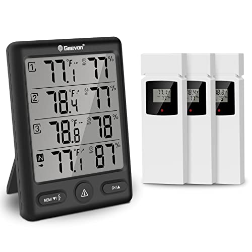 Geevon Indoor Outdoor Thermometer Wireless with 3 Remote Sensors, Digital Hygrometer Thermometer, Wireless Temperature Humidity Monitor Gauge with 200FT/60M Range - color: Black