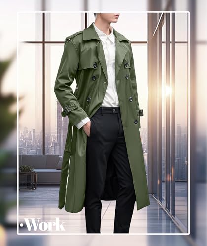 Pantete Men's Double Breasted Trench Coat Oversized Casual Windbreaker Lapel Long Jacket Overcoat - color: Army Green, size: X-Small