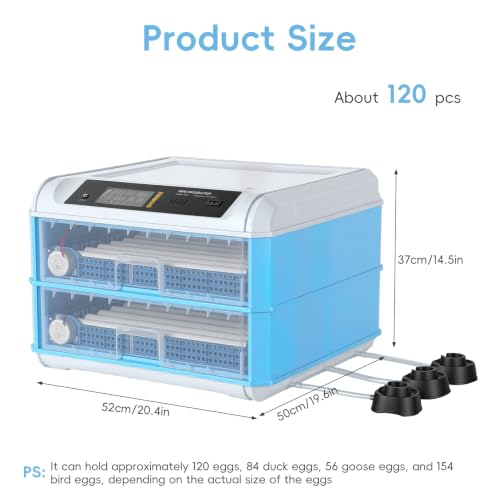 120 Egg Incubators for Hatching Eggs Large Automatic Poultry Hatcher Machine with Automatic Egg Turning Temperature Control Dual Power Supply Smart Digital Incubator for Chicken Duck Goose Quail Blue