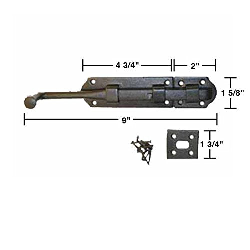 Renovators Supply Manufacturing Slide Bolt Latch 9 in. Black Iron Ball Tip Style Slide Bolt with Mounting Hardware - size: Pack of 1, style: 9 inch - Colonial Dead Bolt