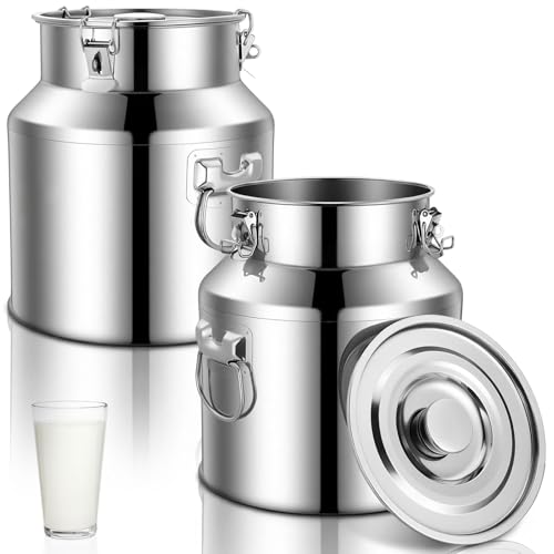 FillTouch 2 Pcs Stainless Steel Milk Can 22L/ 5.81 Gallon Heavy Duty Metal Milk Water Dispenser Container Pail Jug with Locking Sealed Lid Food Wine Oil Storage Container for Home Farm Kitchen - size: 22l