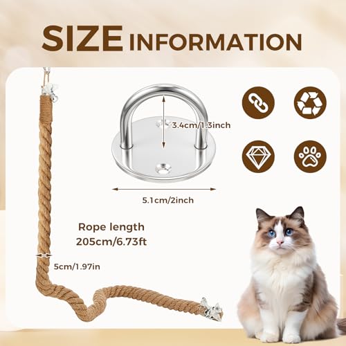 Weysat 2'' x 6.7 ft Cat Climbing Rope with Hook, Natural Jute Rope for Ceiling and Wall Mounted, Space Saving Kitten Scratching Post Toy for Indoor Outdoor - size: 2'' x 6.7 ft