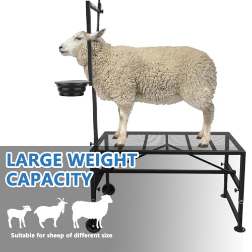 Upgraded Goat Stand with Wheels & Feed Bin, Adjustable Headpiece | Goat Milking Stand for Sheep Trimming and Milking, Hoof Trimming Stand Adjustable Size, with Feeder, Iron Black - color: Black, size: L - 47 inch (with Wheel)