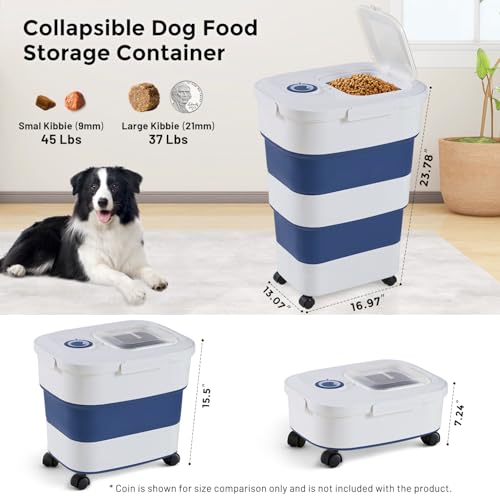 ZOMISIA 40-50lbs Dog Food Storage Container, Large Capacity Collapsible Airtight Pet Food Storage Containers with Rolling Wheels, Transparent Lid, Scoop and Date Track, Blue - color: Blue