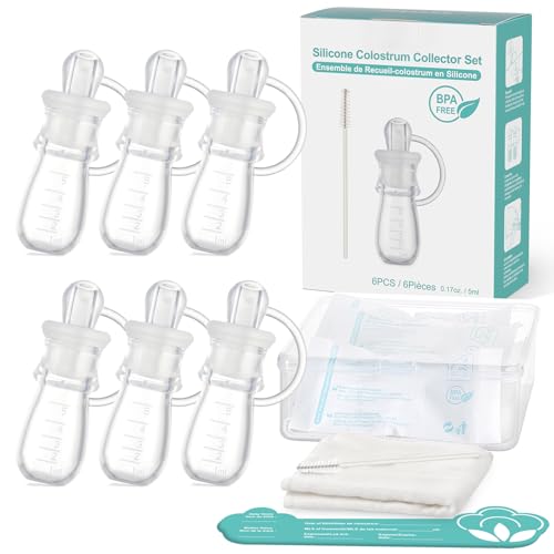 Colostrum Collector Kit 5ml-6pcs, Ready-to-Use Pack, Reusable Breast Milk Collector Multi-Use Colostrum Container with Storage Case, Cotton Wipe & Cleaning Brush, BPA Free