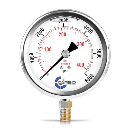 Carbo 6000 PSI Liquid Filled Pressure Gauge with NIST Traceable Certificate, Calibrated in USA Lab, 4" Dial, 1/4 NPT Lower Mount, ASME Grade A, 304 SS Case, Brass Wetted Parts, PSI/Bar - size: 0-6000 Psi, style: NIST TRACEABLE