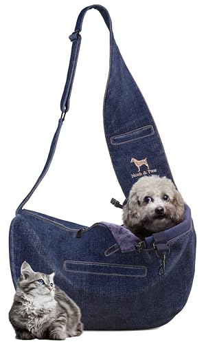 Noah & Paw Dog Sling Carrier for Small Dogs 3-10lb, Dog Sling for Small Dogs and Cats, Dog Carrier with Adjustable Padded Strap, Vegan Denim Lined with Fur, 3X Safety Features, Machine Washable - color: Dark Blue, size: 15.0"L x 6.0"W x 5.5"H