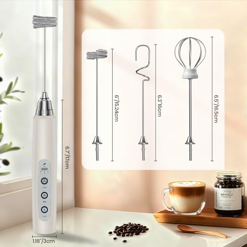 Colarlemo Milk Frother Handheld Rechargeable, Frother Wand Drink Mixer Electric Whisk for Coffee, Detachable With 3 Stainless Whisks, Hand Mixer for Lattes, Cappuccino, Matcha, Egg, No Stand, Beige - color: Light Beige, style: without stand