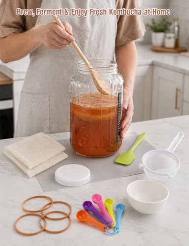 LynxLink Kefir Starter Kit - 64oz Thickened Glass Kefir Jar with Lid - Metal-Free Fine Mesh Strainer for Milk & Water Kefir - Complete Fermentation Kit with Stick-on Thermometer