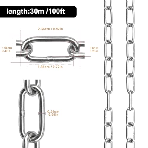 100 FT Stainless Steel Hanging Chain, 1/10" Metal Chain Roll, Jack Chain for Hanging Lightts, Plants, Signs & DIY Projects (with Spool) - size: 100 FT 1/10"