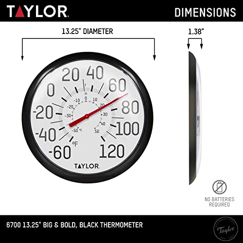 Taylor Big and Bold Wall Thermometer, Indoor Outdoor Thermometer, Wireless Thermometer with Easy to Read Numbers for Patio, Pool, and Indoor Areas, 13.25-inch, Black - color: Black, size: 13.25 inches (Pack of 1)