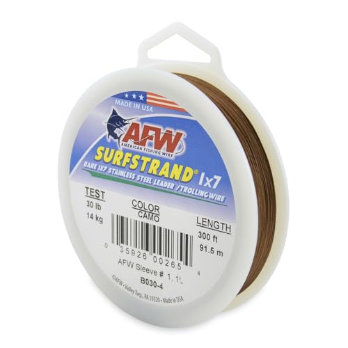 American Fishing Wire Surfstrand Bare 1x7 Stainless Steel Leader Wire - Fishing Leader Line for Saltwater, 20lb Test - 325lb Test in Bright, Camo in 30ft, 300ft, 600ft and 1,000ft Lengths - color: Camo, size: 30 lb / 300 ft