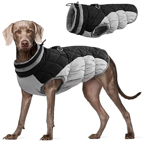 Dog Coat for Large Dogs, Fleece Dog Winter Jacket with Harness | Puppy Cold Weather Coats Reflective Pet Puffer Vest with Zipper Water-Resistant Warm Dogs Snowsuit Windproof Black XL - color: Black, size: XL(chest:30in）