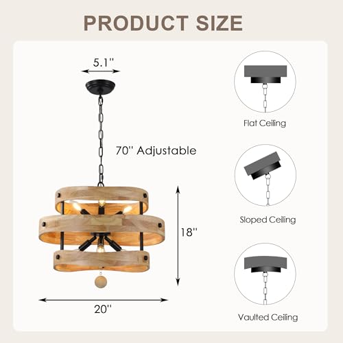 20" Farmhouse Chandelier for Dining Room Light Fixture, 6 Light | Wooden Drum Rustic Chandelier, French Country Pendant Light Over Table for Living Room Foyer Kitchen Island, 6 E12 Sockets - color: 20" Layered