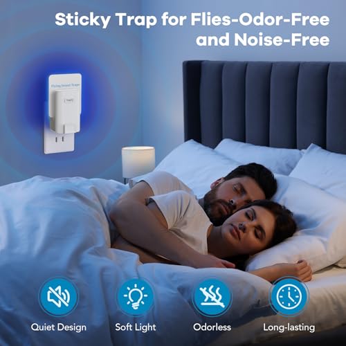 Indoor Fly Trap, Plug-in Fruit Fly Trap with 2 Devices and 6 Sticky Refills | Gnat Trap for Fruit Flies, Gnats, Flies, Moths, and Other Flying Insects—Ideal for Kitchen, Bedroom, and Living Room