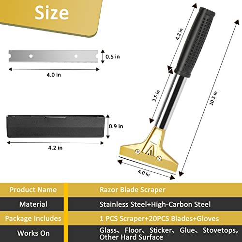Razor Blade Scraper with 20 PCS Extra Blades and Gloves. | 4"Heavy-Duty Floor Scraper,Ideal for Cleaning Windows,Glass,Tiles,Wall,Labels,DIY Renovators,Professional Cleaners