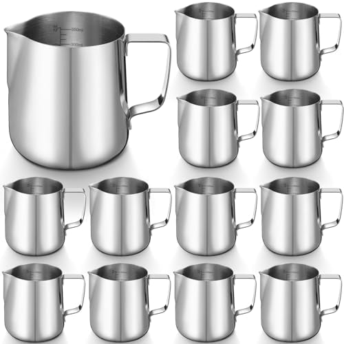 Honeydak 12 Pcs Milk Frothing Pitcher 304 Stainless Steel Steaming Pitchers for Coffee Bar Cappuccino Barista Tools Milk Jug Steamer Frother Cup (12 oz) - color: Silver, size: 12 oz