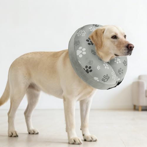 SCENEREAL Dog Cone Alternative After Surgery Donut Collar Soft | Pet Recovery Pillow Collar for Medium Large Dogs, Inflatable Adjustable Neck Collars to Prevent Licking, Grey Footprints L - color: Grey Footprints, size: L(Neck 16"-18")