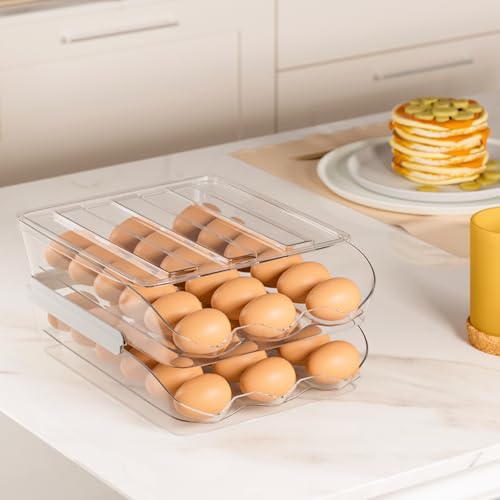 2 Pack Egg Holder for Fridge Automatic Rolling Egg Container Holds 36 Eggs | Clear Large Capacity Egg Storage Dispenser Organizer for Refrigerator with Lid - size: 2 Pack Holds 36 eggs