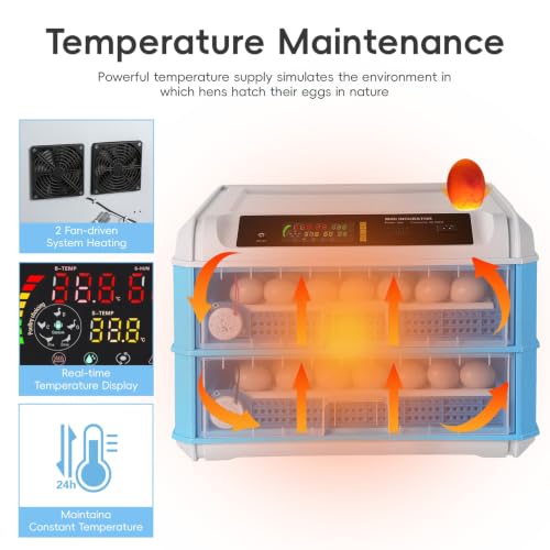 120 Egg Incubators for Hatching Eggs Large Automatic Poultry Hatcher Machine with Automatic Egg Turning Temperature Control Dual Power Supply Smart Digital Incubator for Chicken Duck Goose Quail Blue