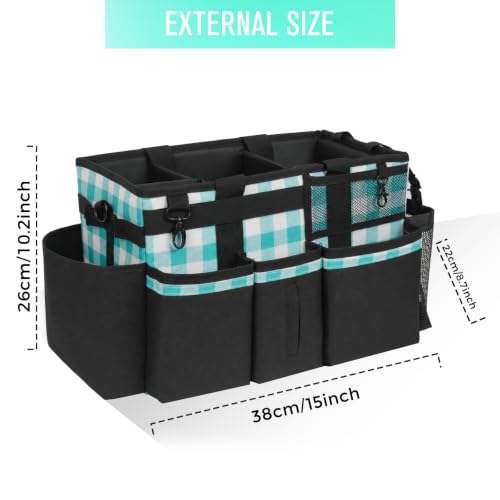 SCAVATA Wearable Cleaning Caddy, Cleaning Caddy Supplies Organizer with Handle & Shoulder Straps for Housekeepers, Under Sink & Car Cleaning Tool Organizers Bag with 4 Foldable Divider (BluePlaid) - color: BluePlaid