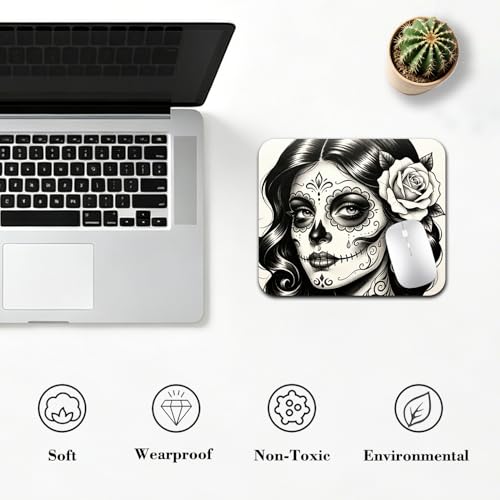 Day of the Dead Sugar Skull Woman Mouse Pad 9.5" x 7.9", Black & White Tattoo Art Cute Desk Mat - color: Floral Skull