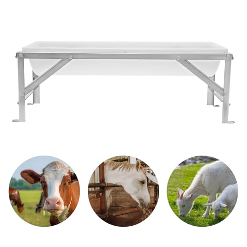 9.25 Gal Livestock Feed Trough with Stand, Heavy Duty Galvanized Steel Goat Feeder Trough for Sheep Horse Cattle, Raised Large Capacity Farm Animal Feeding Pan - color: Silver+White
