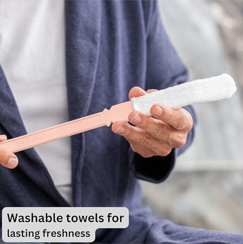 Burlingham's Toe and Foot Towel Brush with Reusable Drying Covers Long 17” Handle for Cleaning Between Toes, Soft Skin Exfoliation,for Seniors, Adults, Kids (Pink Toe Towel Brush + 3 Covers)