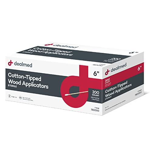 Dealmed 6 in Sterile Cotton-Tipped Applicators - 200 Count | 100% Pure Cotton Tips, Wooden Shafts, Individually Pouched 2 Per Pack, 100 Pouches Per Box, Skin Cleaning, Arts & Crafts - size: 6" Sterile (Box of 200)