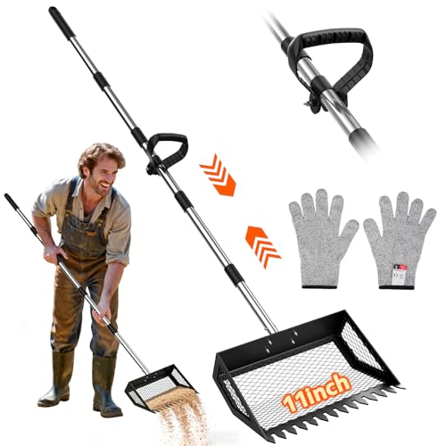 Chicken Poop Scooper,2-in-1 Scoop Shovel&Poop Rake,35-75”Adjustable | Ergonomic Handle Metal Pooper Scooper, Litter Sifting Shovel For Henhouse, Sand, Cattle Shed