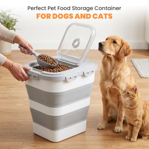 40 Lbs Dog Food Storage Container, Collapsible Cat Food Container | Airtight Pet Food Storage Containers with Wheels, Clear Window, 2 Measuring Cup, Scoop, BPA Free for Rice, Flour, Bird Seed - color: Grey/40lbs