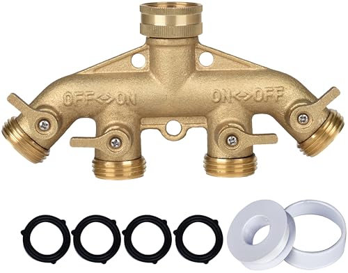 HEAVY DUTY Brass 4 Way Faucet Splitter, 4 Port Manifold, 4-Way Garden Hose Splitter, 3/4" Heavy-Duty Spigot Adapter with Ergonomic Solid Brass Shutoff Levers, Individual Shutoff Valves, Leak-Resistant - style: All brass 4 way